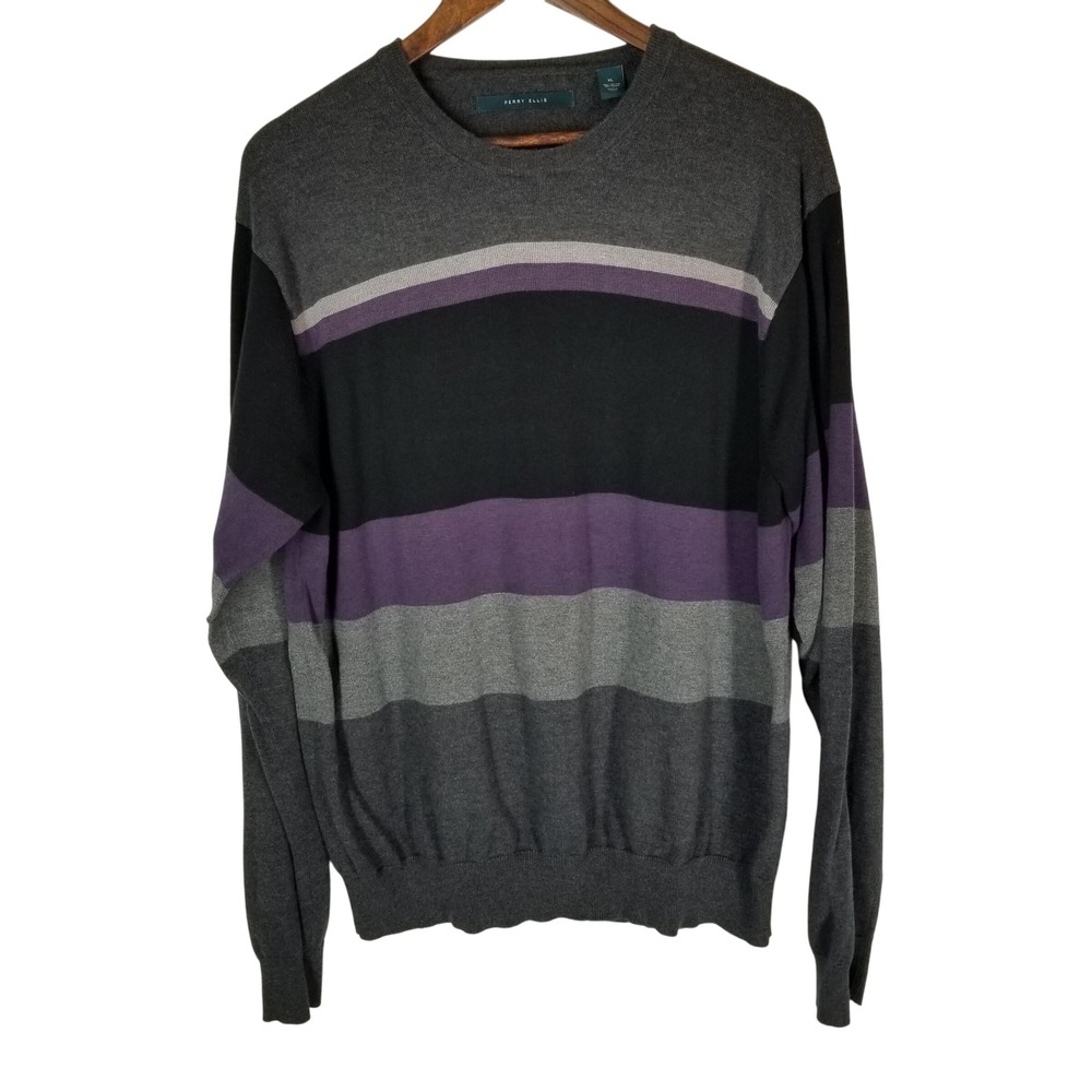 Perry Ellis Mens Sweater XL Gray Black Purple Striped Long Sleeve Cotton Blend